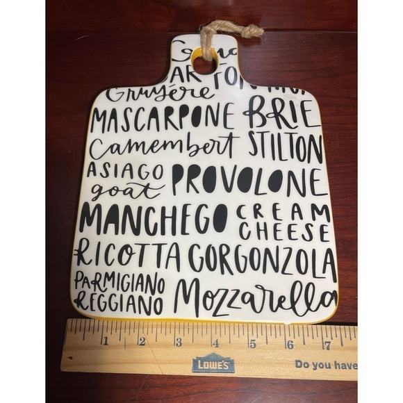 Earthenware Ceramic Cheese Board White With Black Lettering & Yellow Accent Edge - Picture 5 of 6